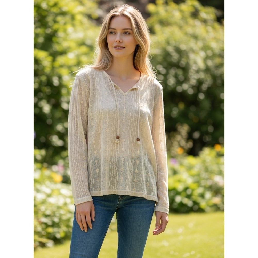 Kano Blouse‎ Womens XS Cream Boho Sheer Lace Embroidered Tassel Top